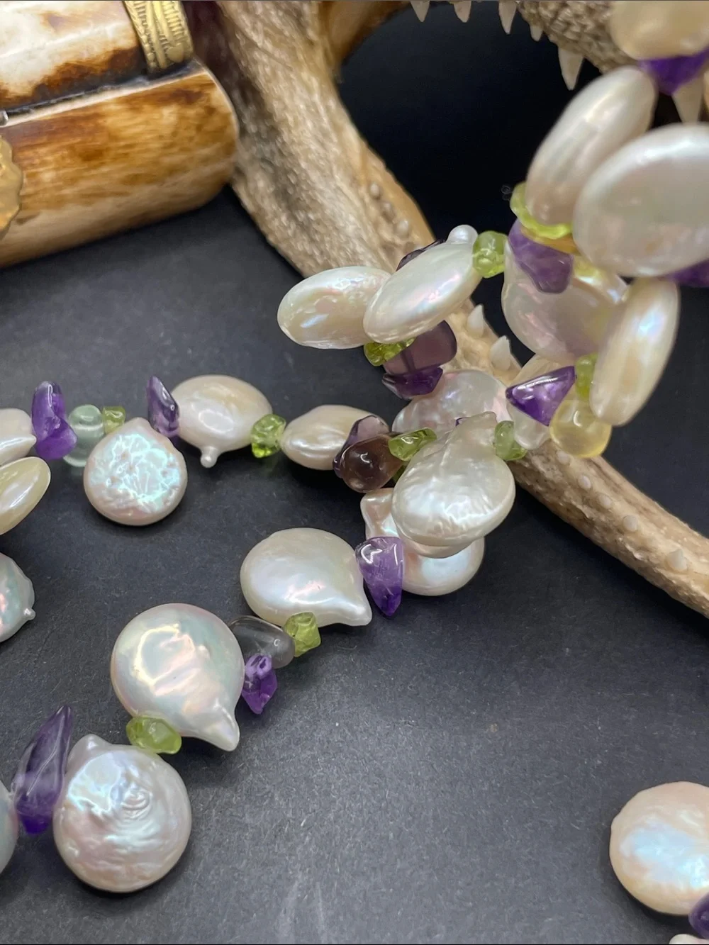 Cultured coin pearl with gemstones necklace 925 D25